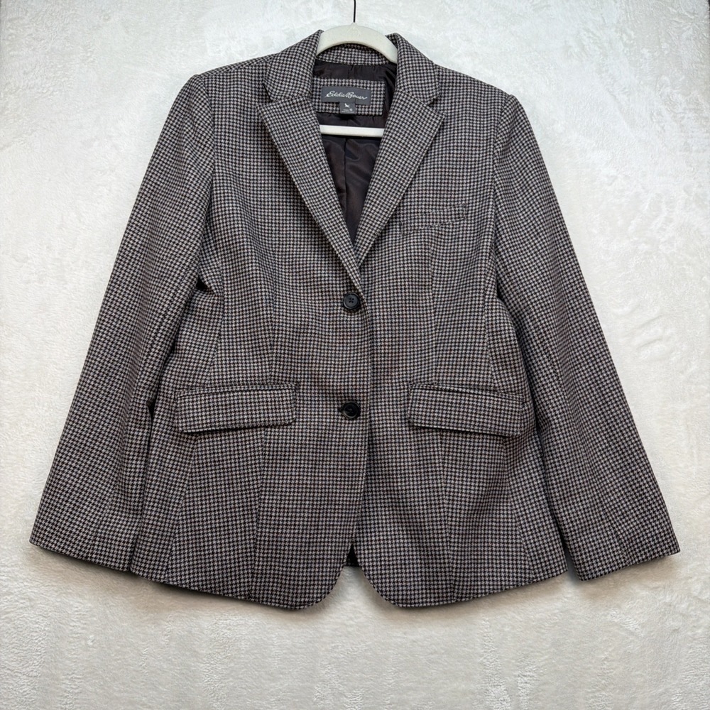 Eddie Bauer Herringbone Blazer Women Wool Jacket Brown Beige Tailored 10